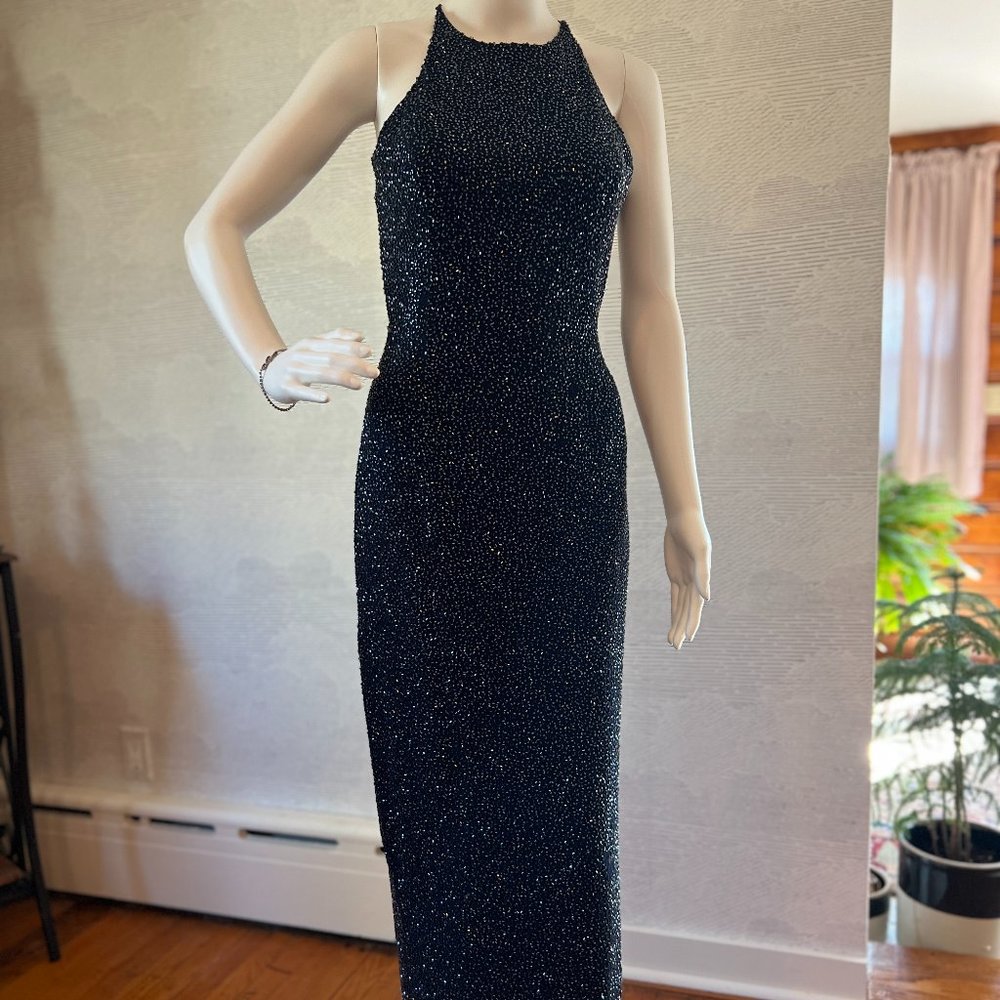 Glamorous Blue Beaded Full Length Gown